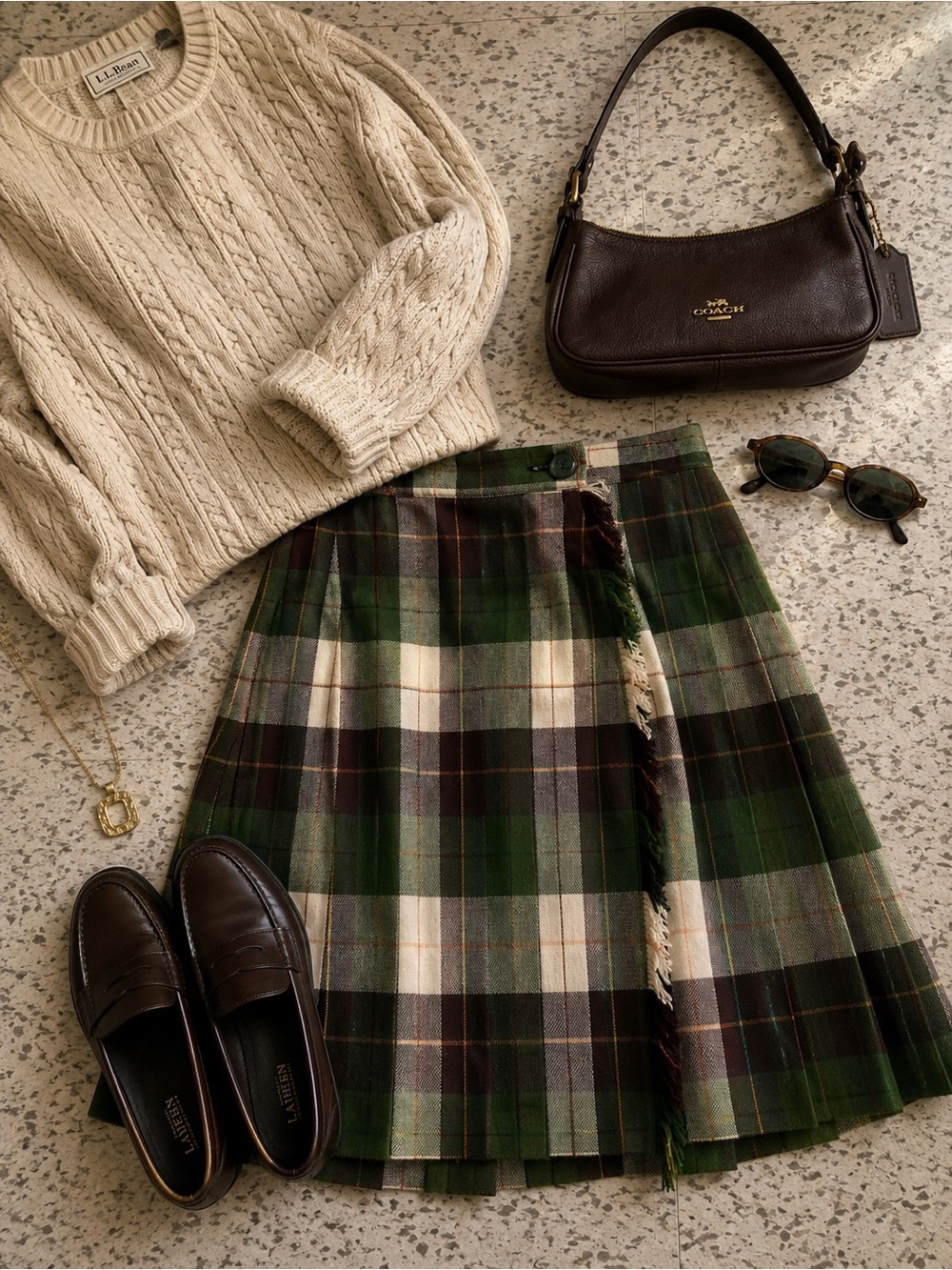 Vtg Plaid Kilt Skirt Green Wool
